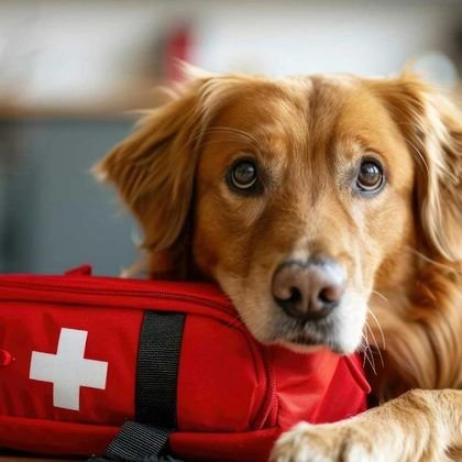 A dog resting its chin on a red pet first aid kit
